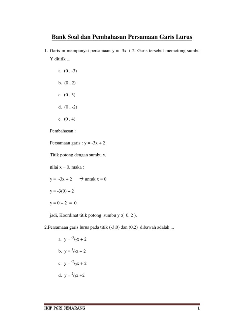 Bank Soal Dan Pembahasan Persamaan Garis Lurus PDF
