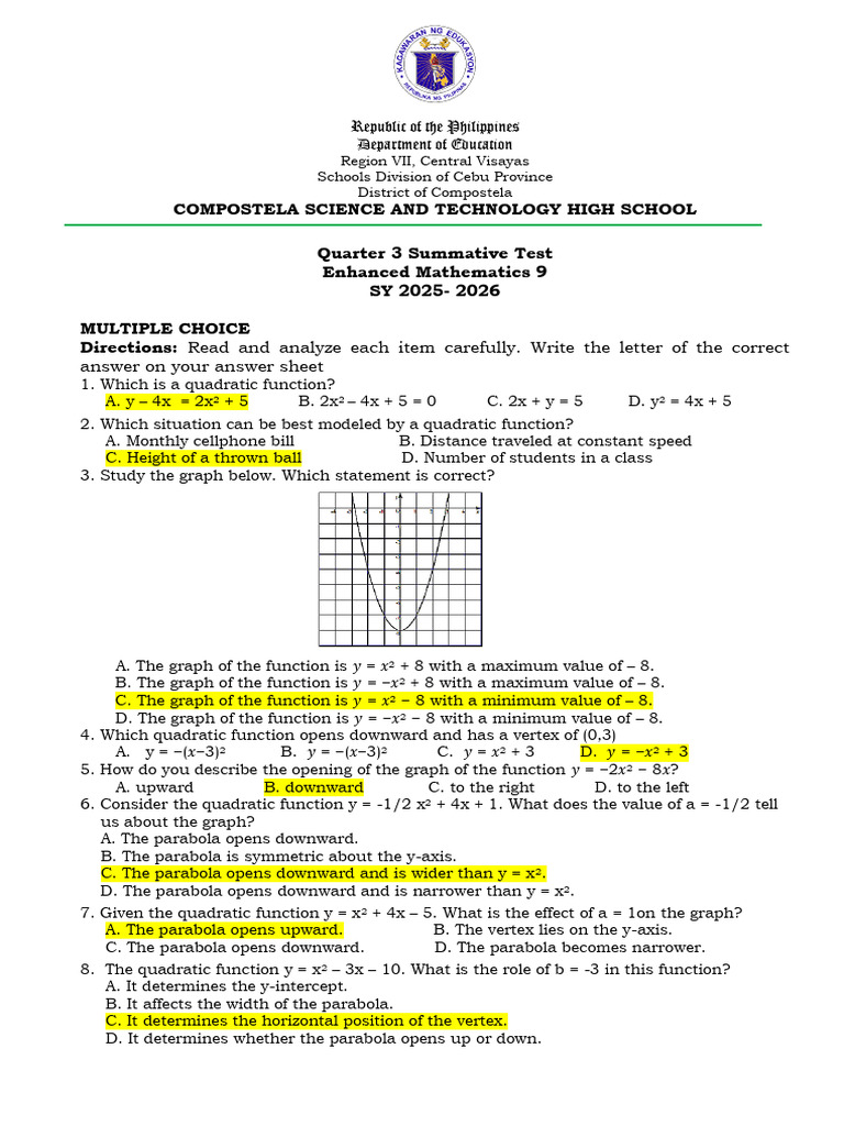 MATH-9-Q3-ST-AKjsjsbsjakajsh | PDF | Quadratic Equation | Geometry