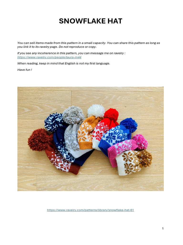 Snowflake Hat Knitting Pattern | PDF | Knitting | Knitting Needle