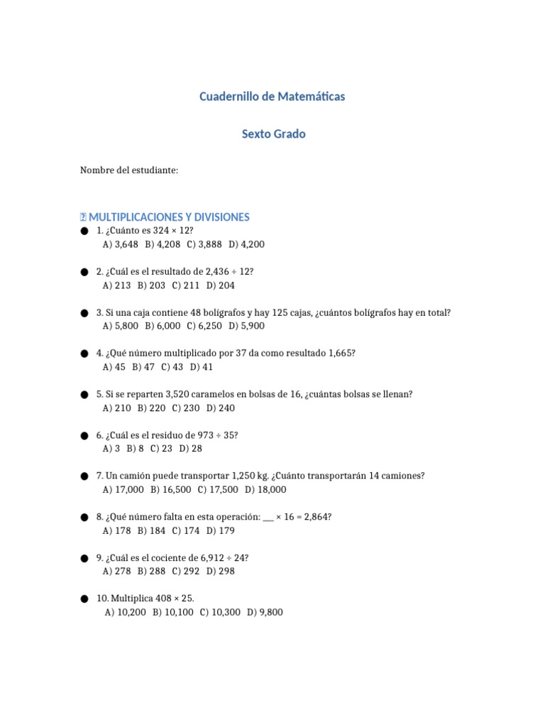 Cuadernillo de Matemáticas Sexto Grado | PDF