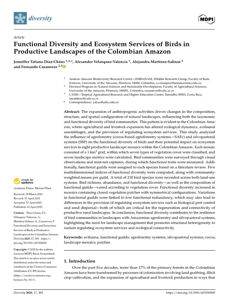 Birds' Functional Diversity in Colombian Amazon | PDF | Biodiversity ...