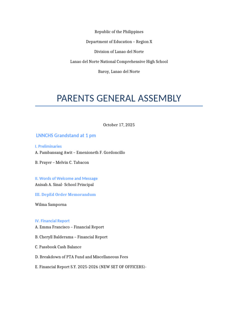 Lanao del Norte Parents Assembly Agenda | PDF