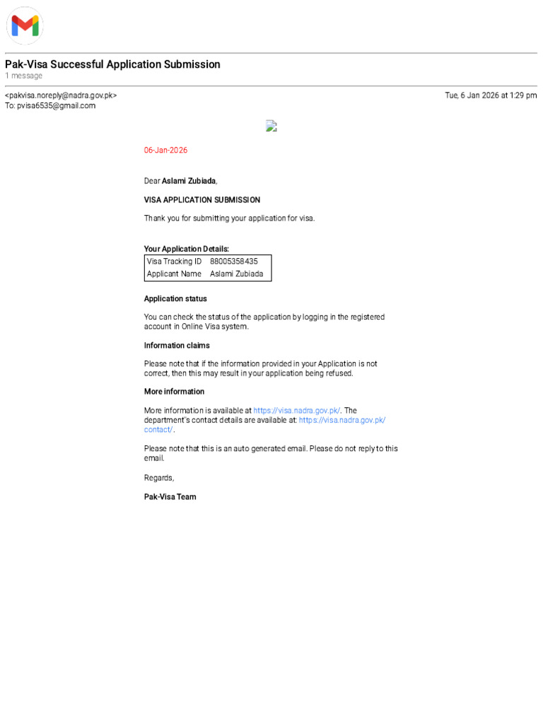 Gmail - Pak-Visa Successful Application Submission (8) | PDF