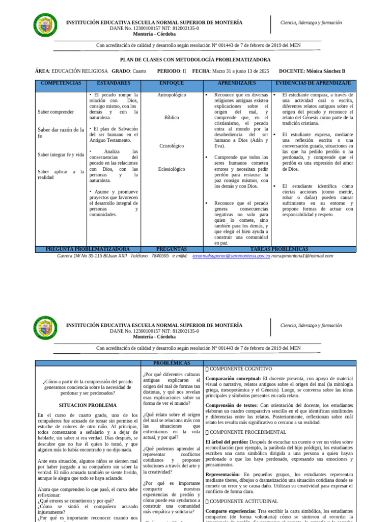 Plan de Clases: Educación Religiosa 4° | PDF | Pecado | Perdón