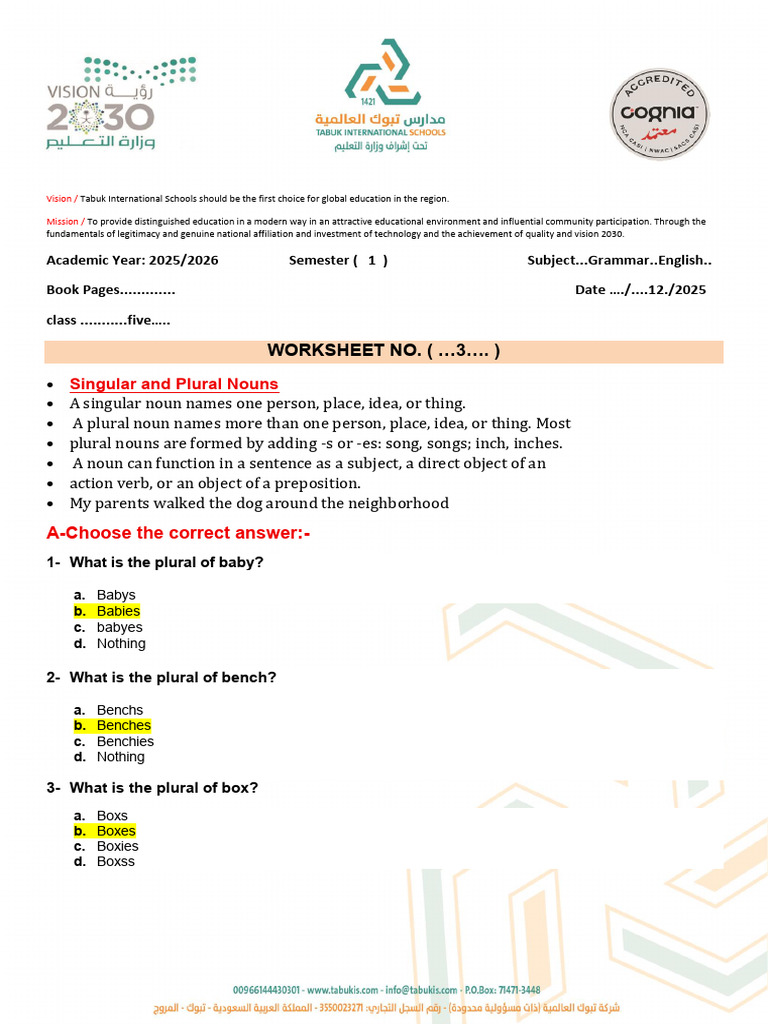 English Grammar Worksheet for Grade 5 | PDF | Plural | Adverb