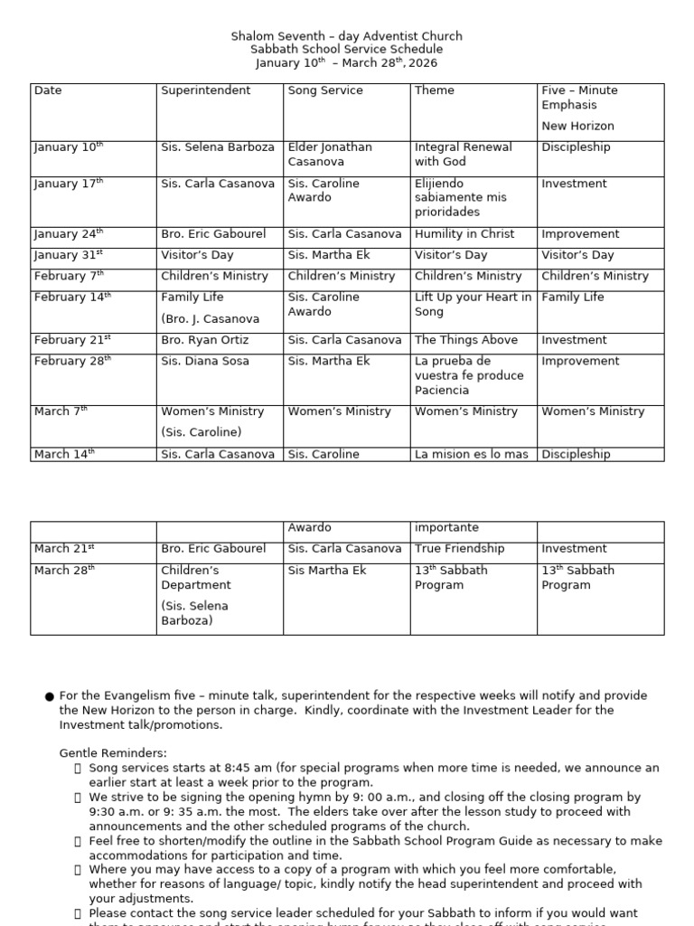 Shalom SDA Church Sabbath Schedule 2026 | PDF