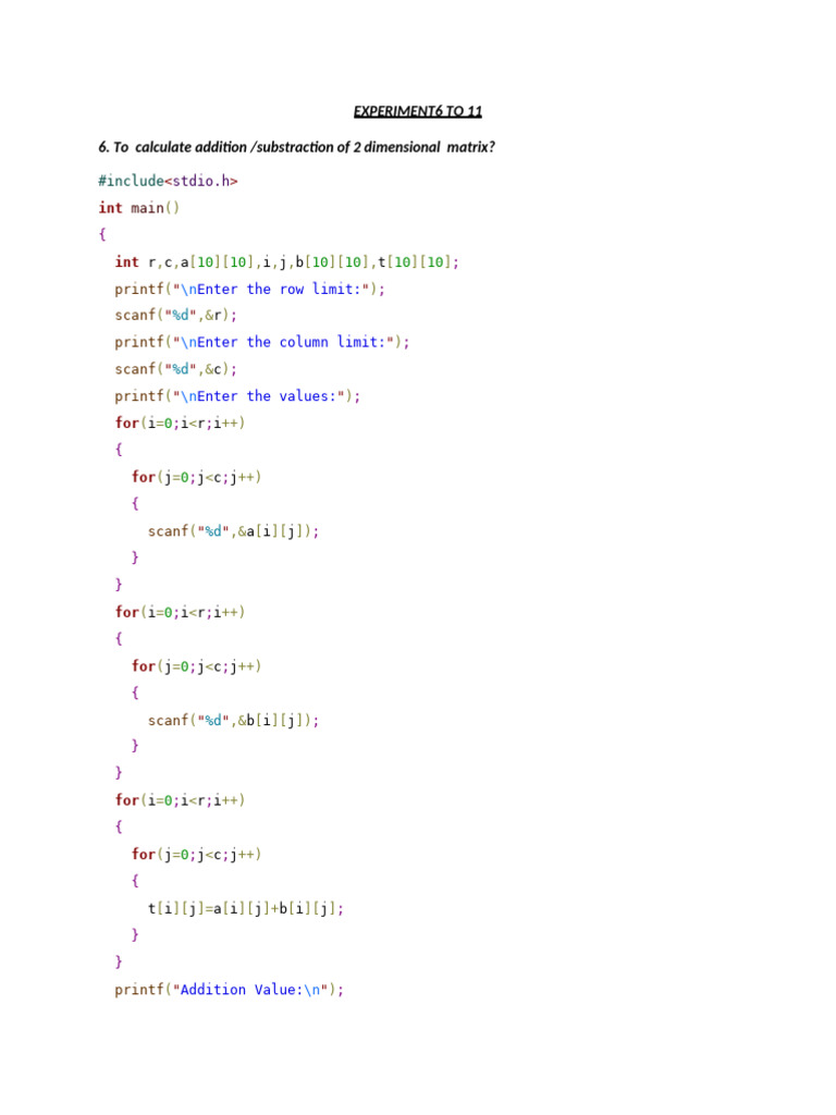 Matrix Operations and Functions in C | PDF | Integer (Computer Science ...