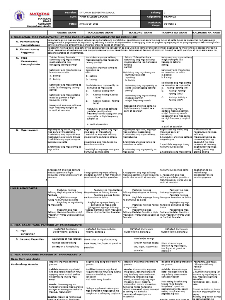 G2 Filipino DLL Q2 W1 | PDF