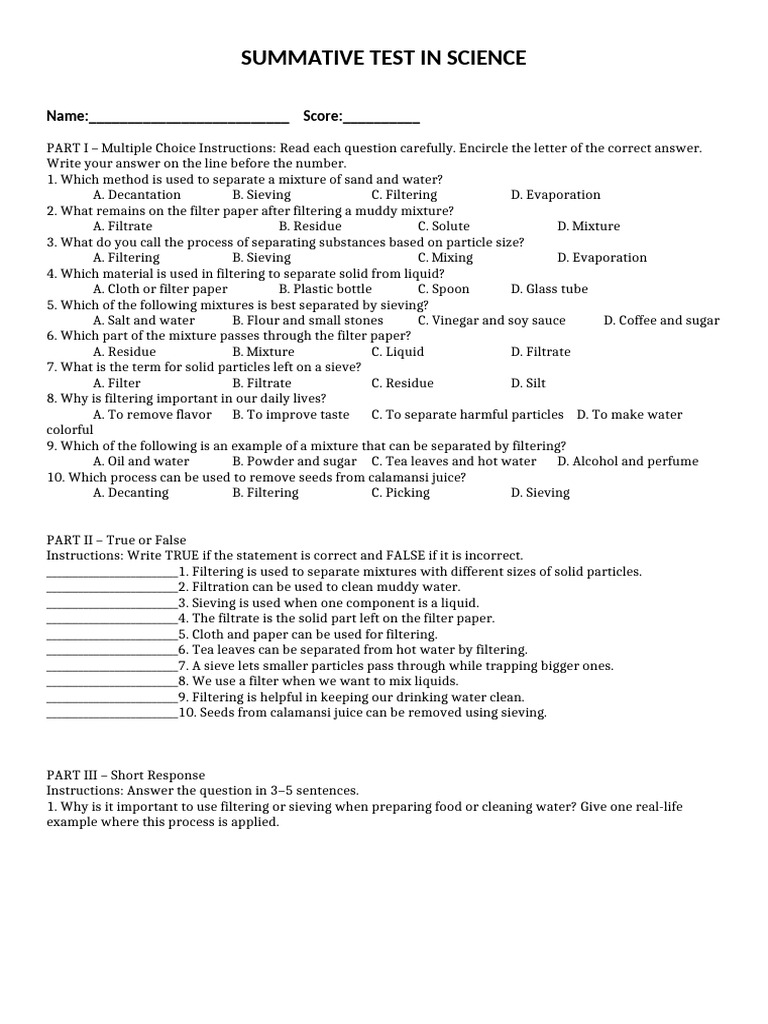 Science Summative Test: Mixtures & Filtration | PDF | Filtration | Mixture