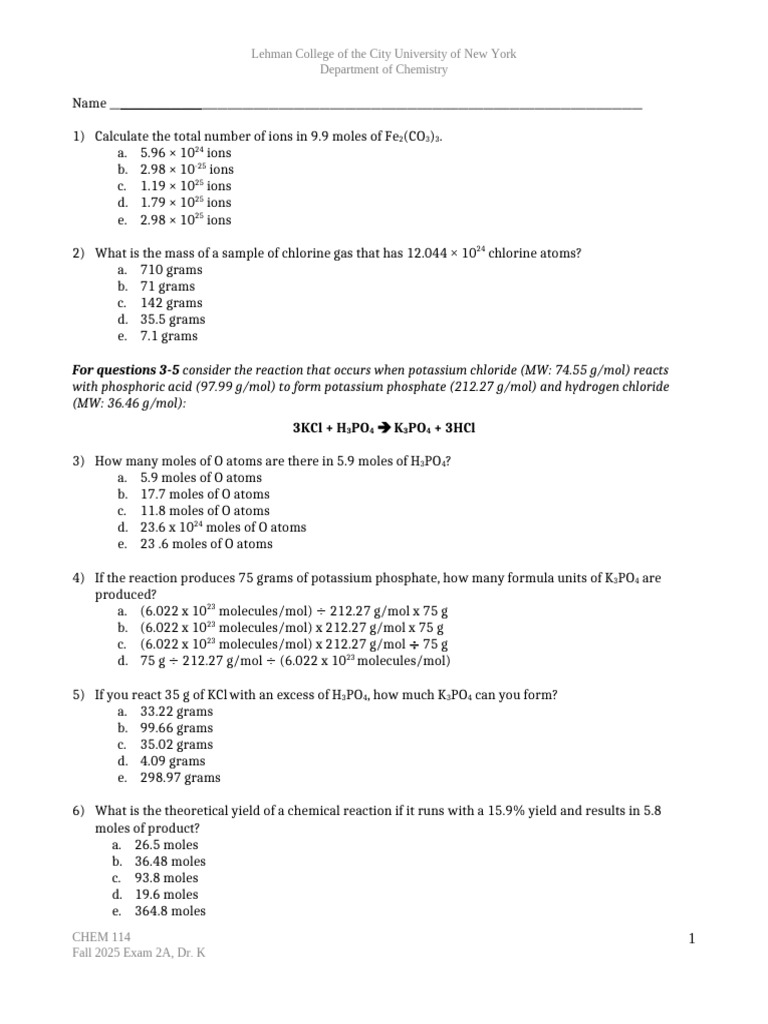 Chemistry Exam 2A: Moles and Reactions | PDF | Mole (Unit) | Chemical ...