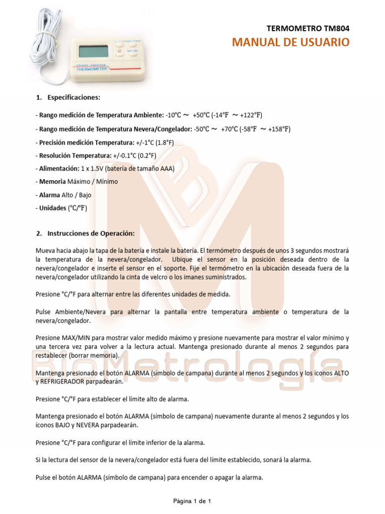 Manual de Usuario Termómetro TM804 | PDF
