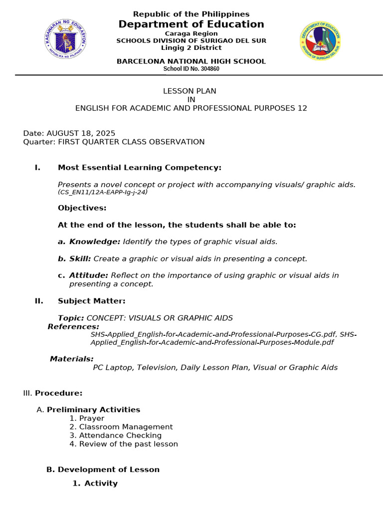 Lesson Plan: Visual Aids in EAPP 12 | PDF | Diagram | Chart