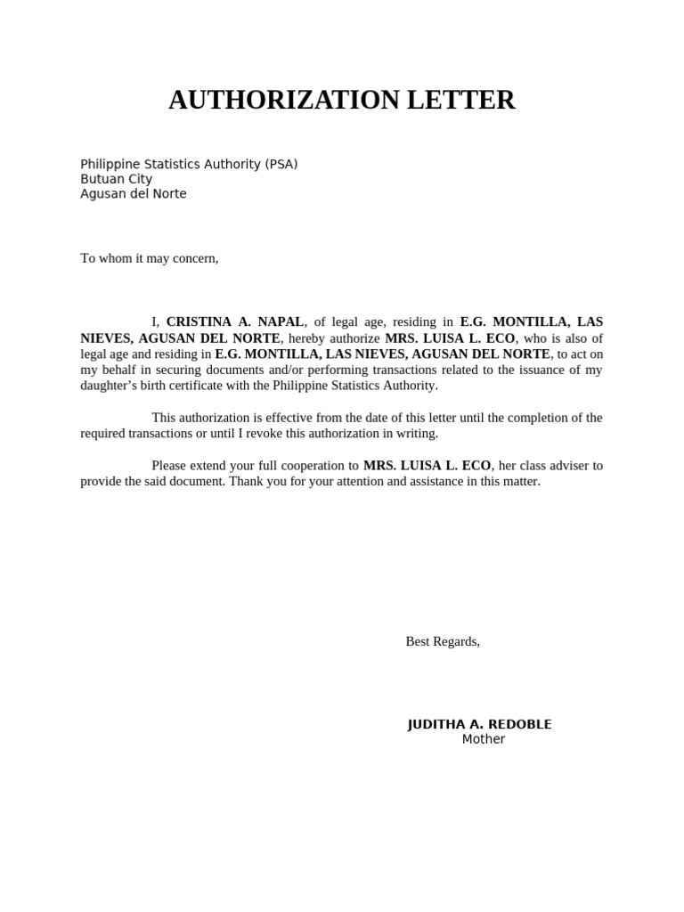 Authorization Letter Psa | PDF