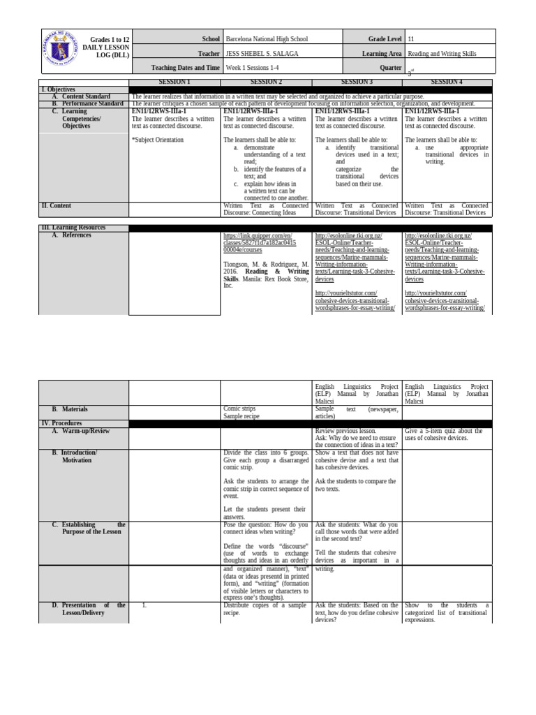 Grade 11 Reading & Writing Lesson Plan | PDF | Learning | Information