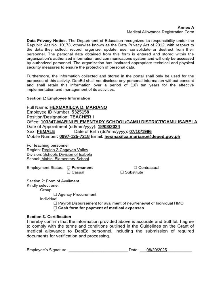 Annex a Medical Allowance Registartion Form Hexmaxilca d. Mariano | PDF