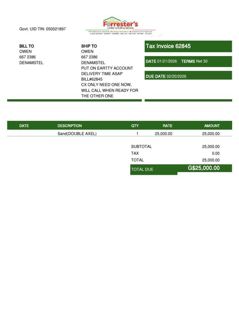 Tax Invoice 62845 for Sand Delivery | PDF