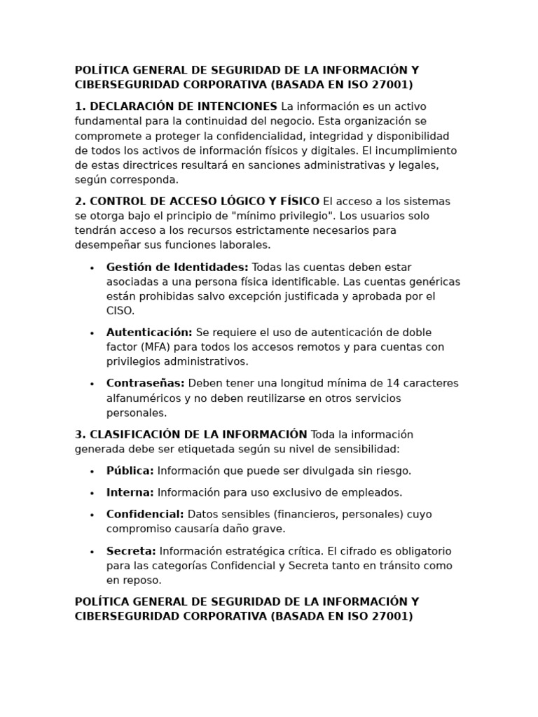 Política de Seguridad de la Información ISO 27001 | PDF | La seguridad ...