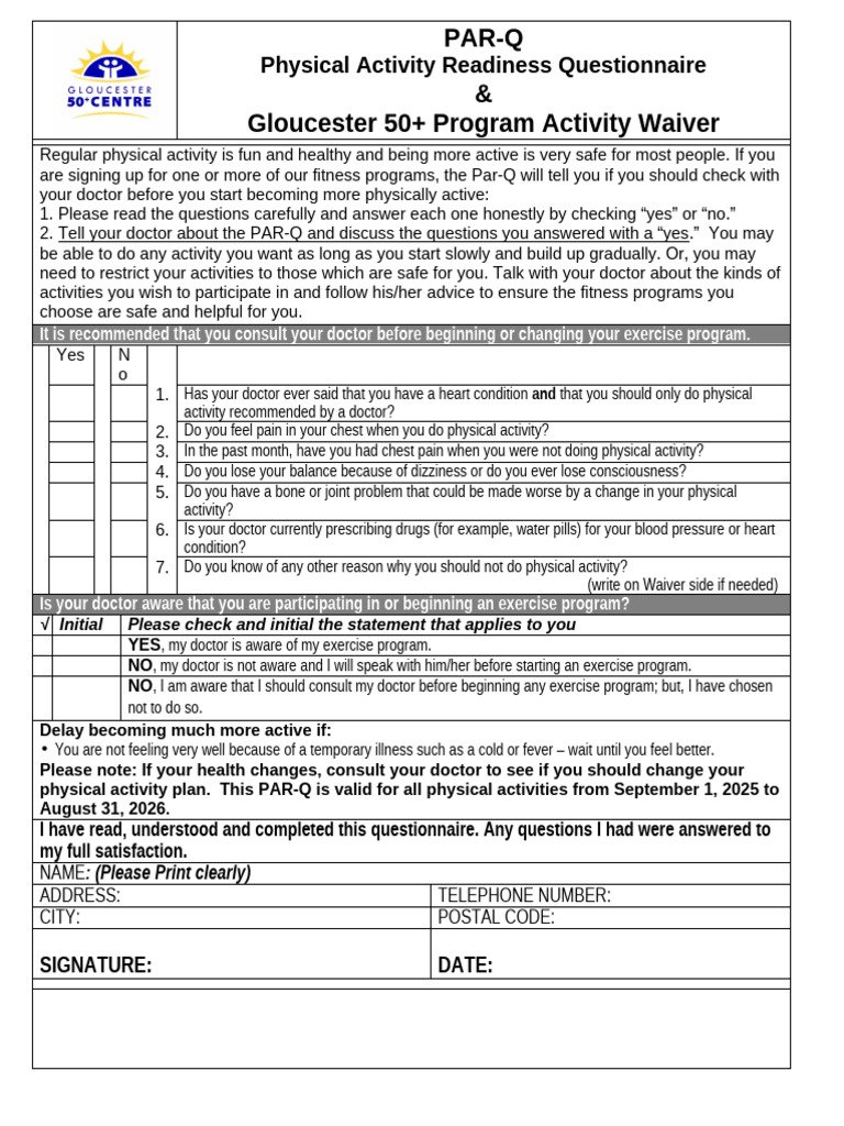 PAR-Q for Fitness Program Enrollment | PDF