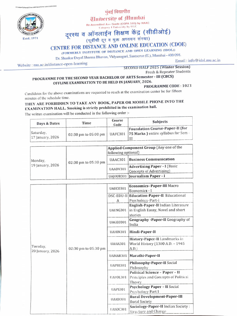 SYBA 2025 Exam Schedule - CDOE Mumbai | PDF | Liberal Arts Education
