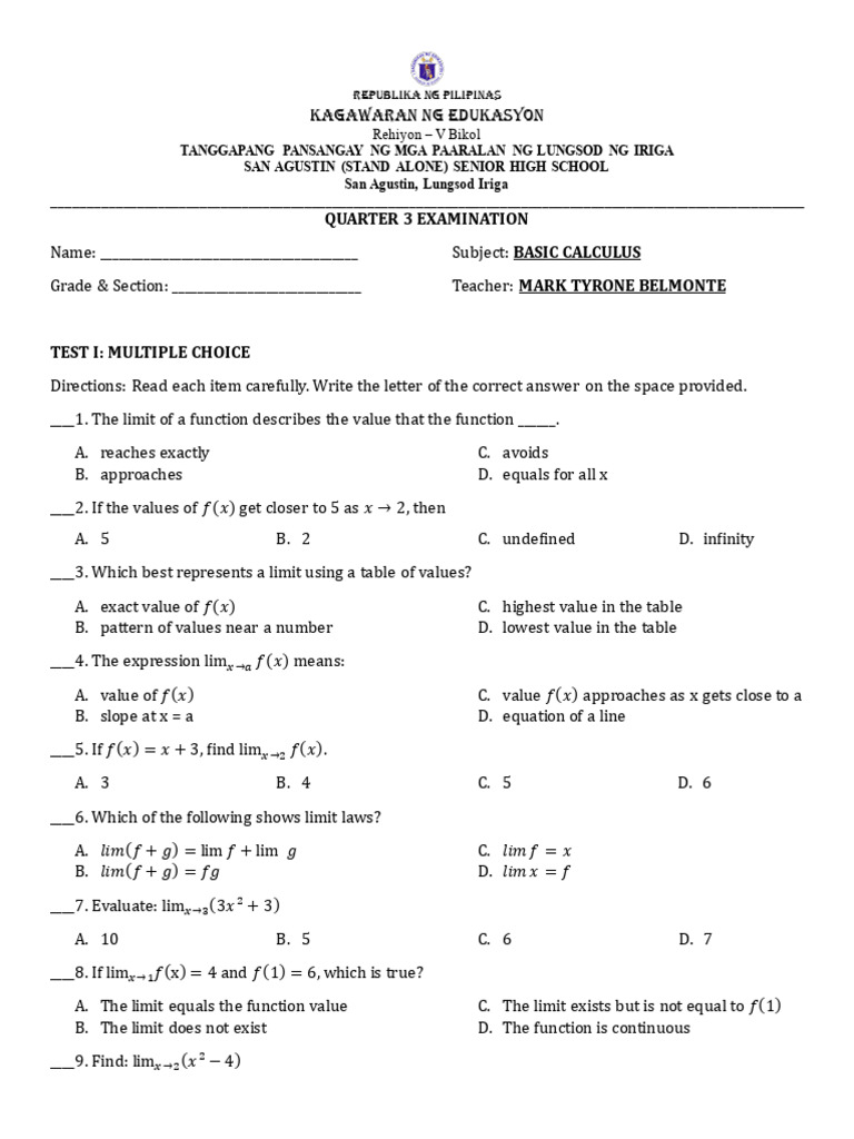 BASCAL TQ | PDF | Function (Mathematics) | Limit (Mathematics)