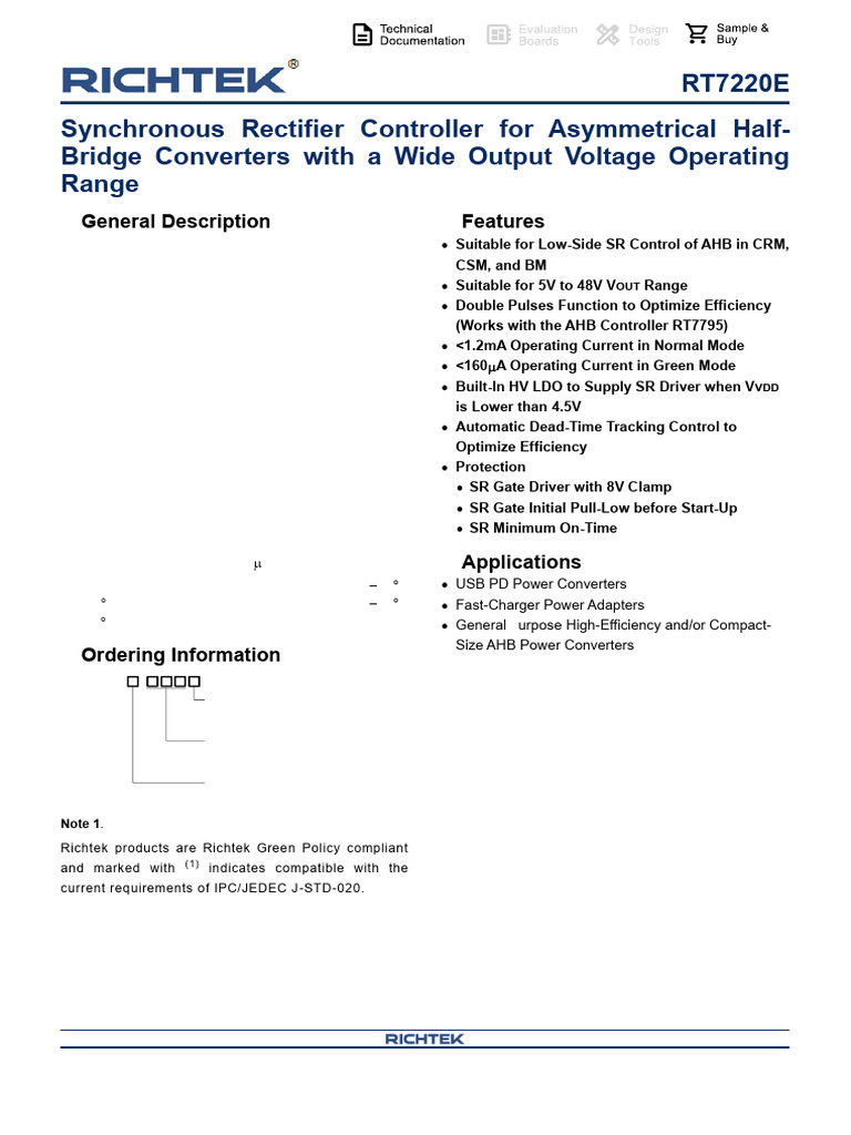 Synchronous Rectifier Controller RT7220E | PDF | Mosfet | Rectifier