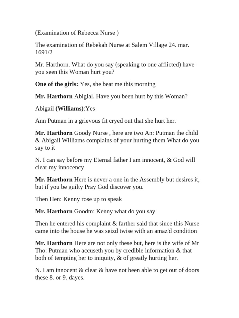 1692TranscriptwithNamesRebeccaNurseTrial | PDF | Witch Trials | Witch ...