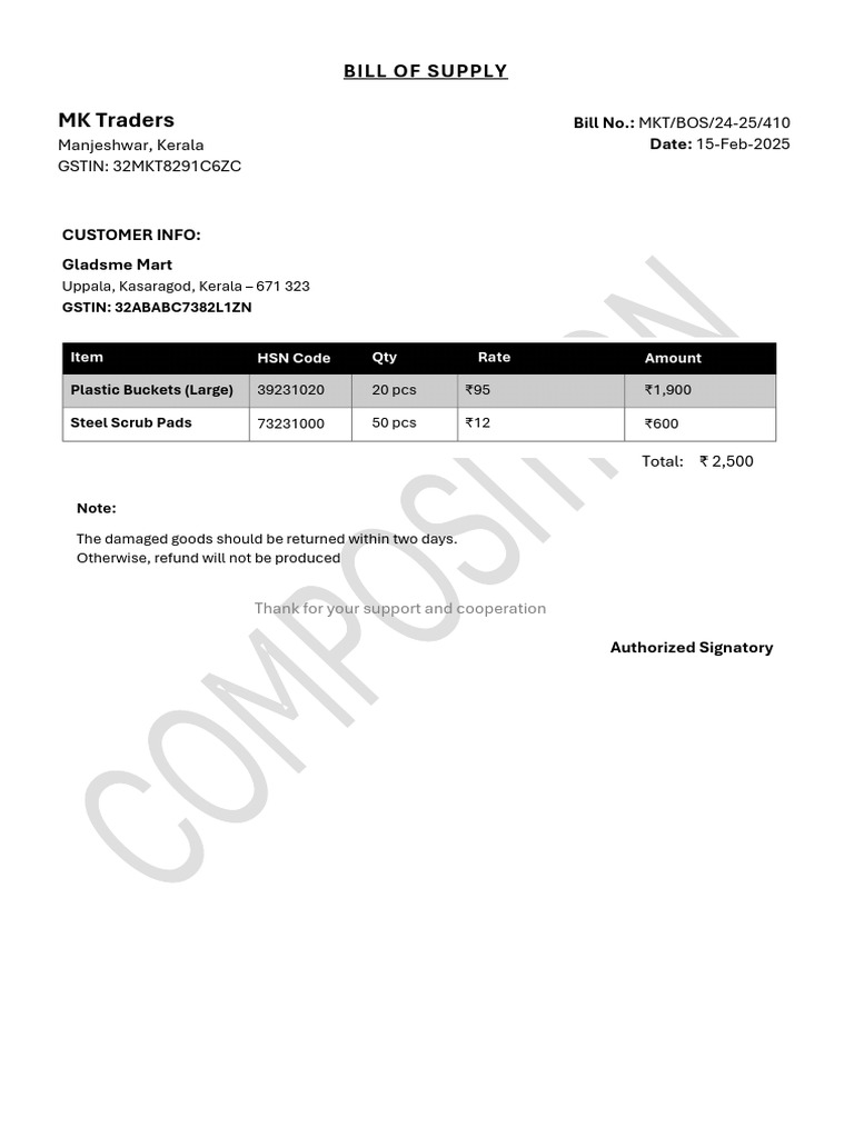 Bill of Supply for MK Traders | PDF