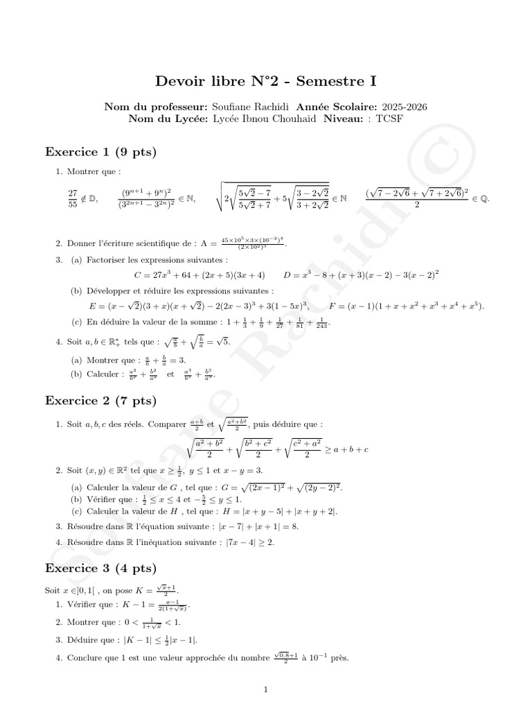 Devoir de mathématiques TCSF 2025-2026 | PDF