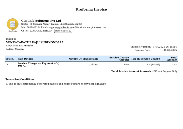 Proforma Invoice for Service Charge | PDF