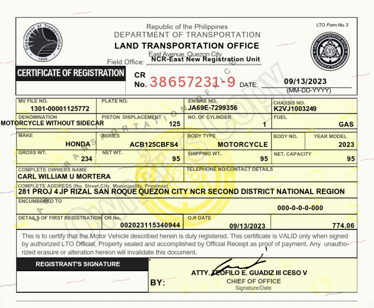 LTO Motor Vehicle Registration Document | PDF | Transport | Vehicles