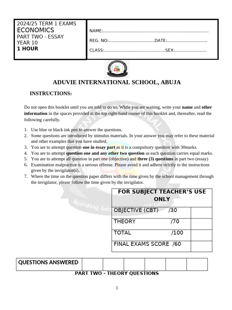 Aduvie International School Economics Exam Guide | PDF | Economics ...