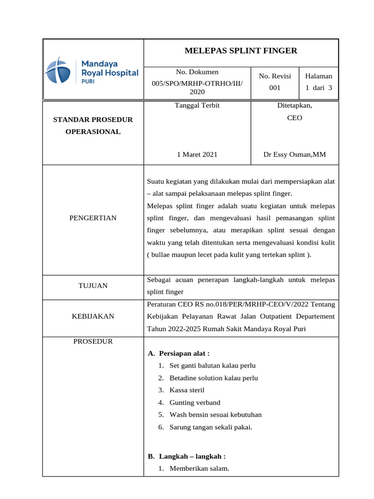 Spo Melepas Splint Finger | PDF