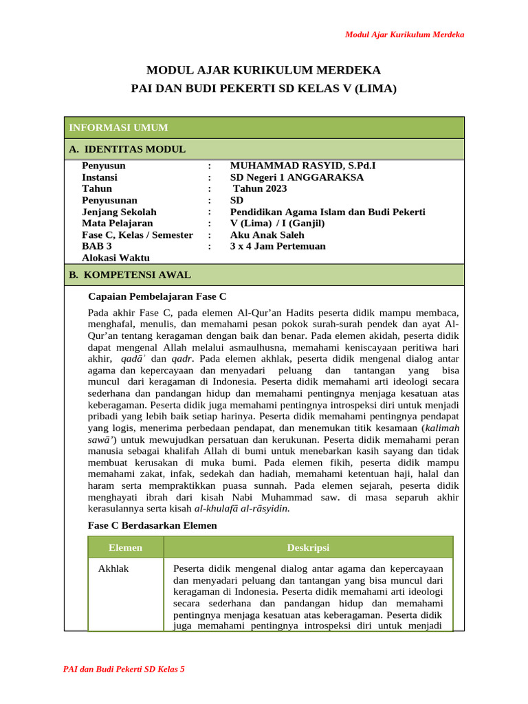 Modul Ajar PAI Kelas 5 Kurikulum Merdeka | PDF