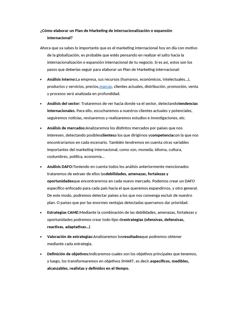 RESUMEN ETAPAS PLAN DE MARKETING INTERNACIONAL | PDF | Marketing ...