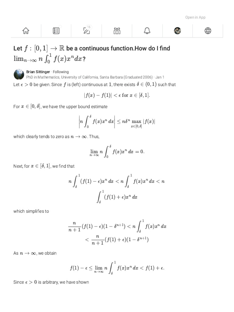 Limit of Continuous Function Integral | PDF | Mathematics