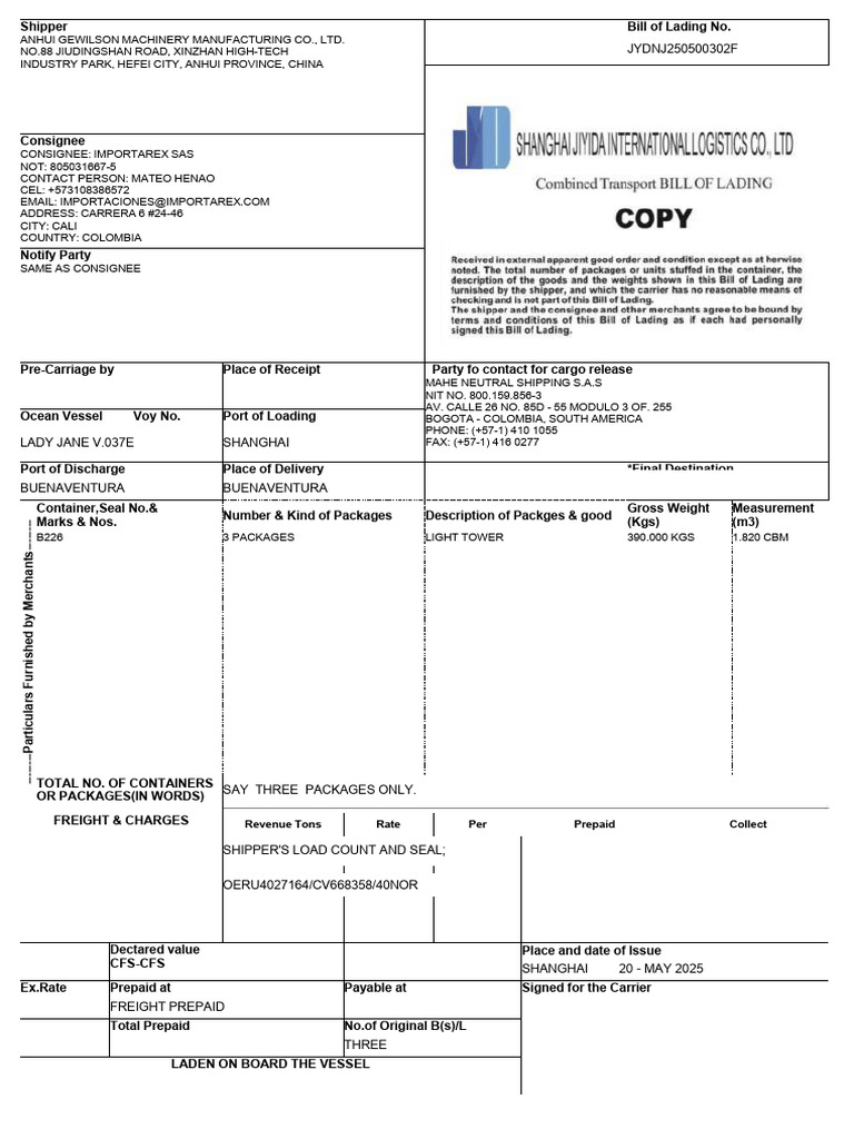 -JYDNJ250500302F格式件 | PDF | Cargo | Bill Of Lading