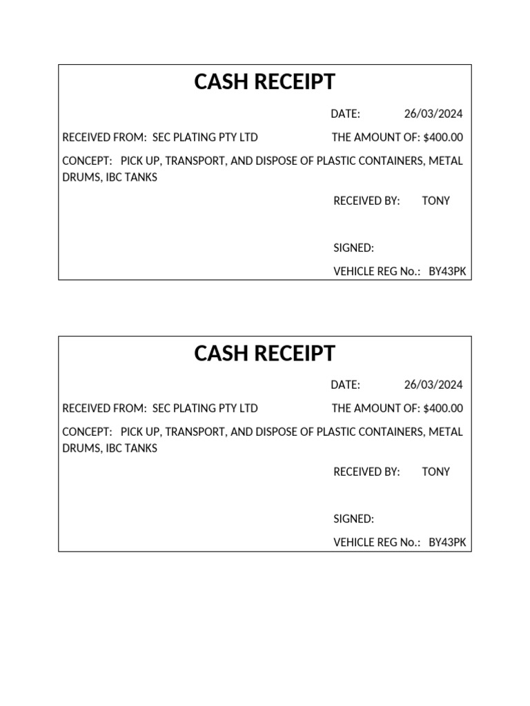 Cash Receipt for Waste Disposal Services | PDF