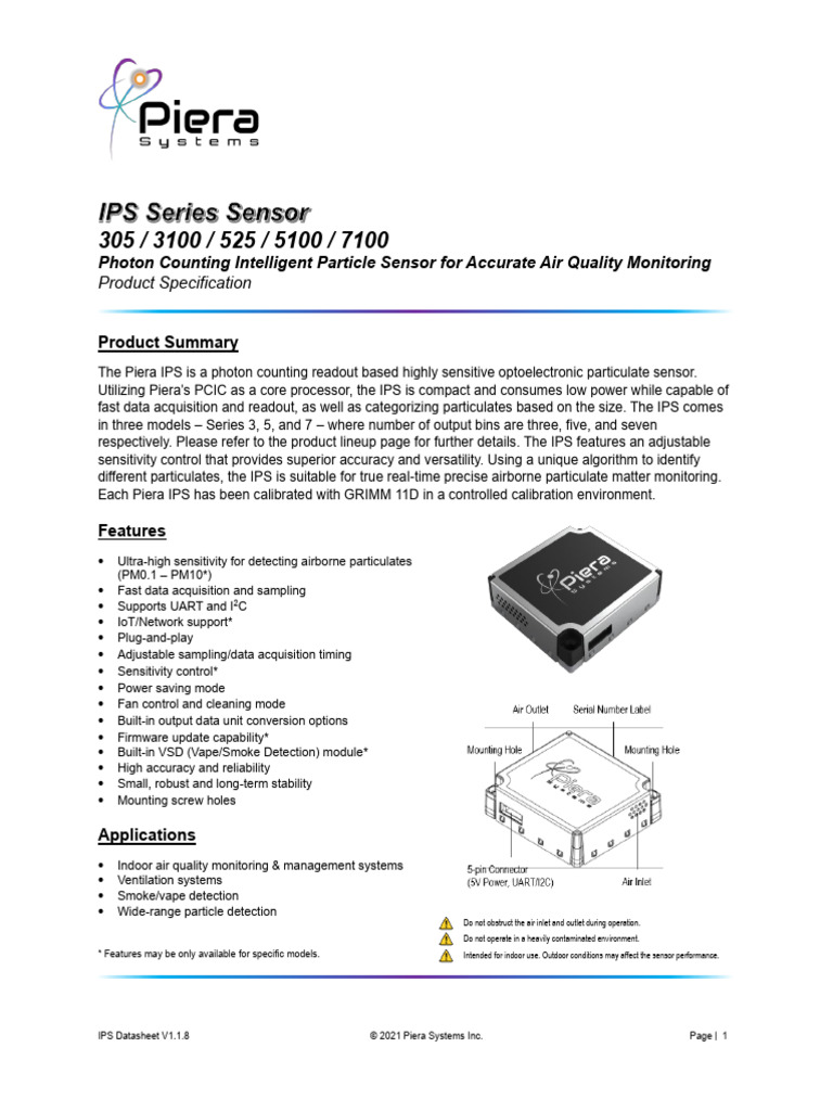 Piera IPS Particle Sensor Datasheet | PDF | Internet Of Things ...