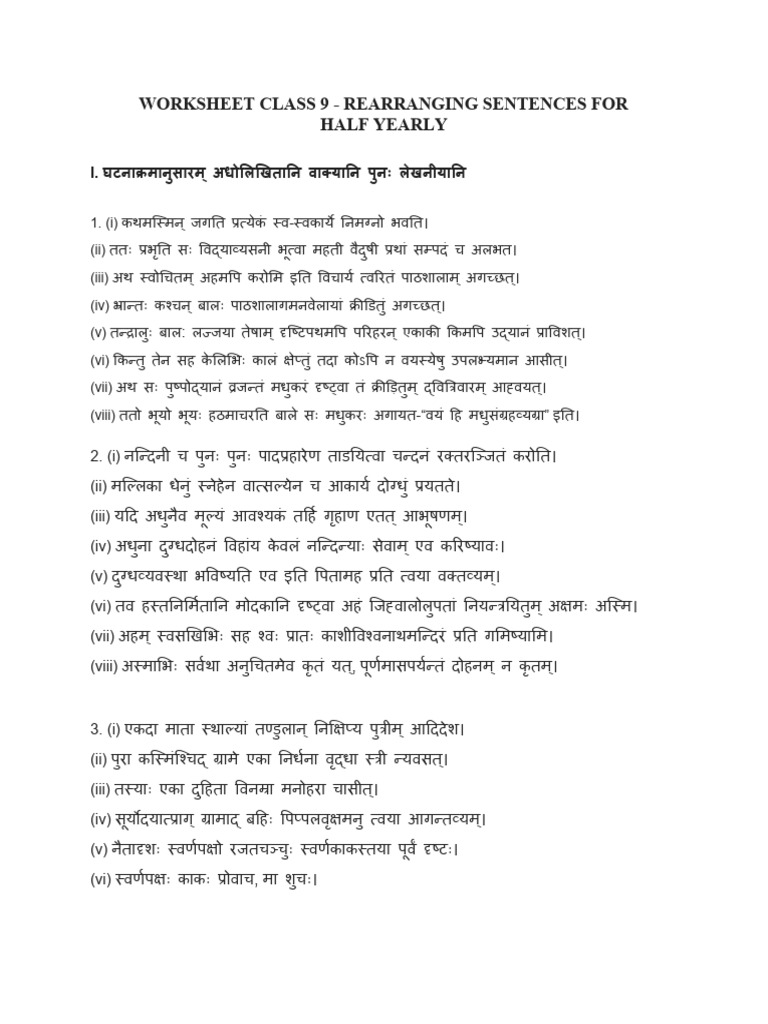 Worksheet Class 9 - Rearranging Sentences For Half Yearly | PDF