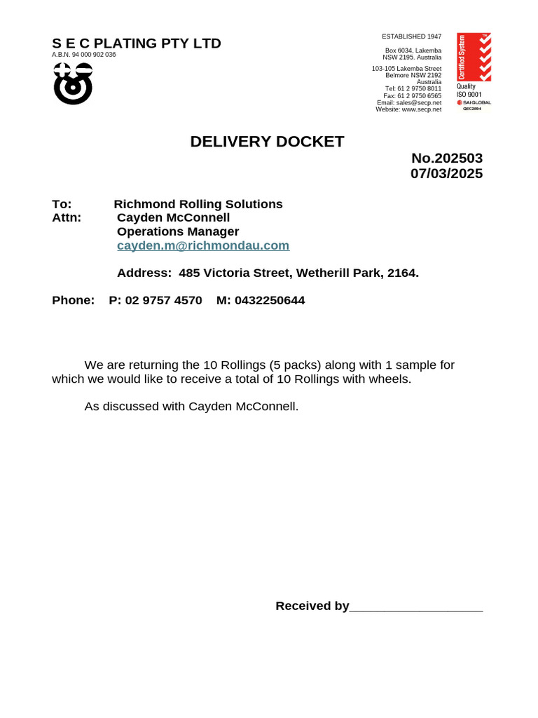 Delivery Docket No.202410 Rolling | PDF