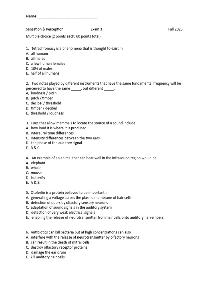 Sensation and Perception Exam 3 Guide | PDF | Ear | Auditory System