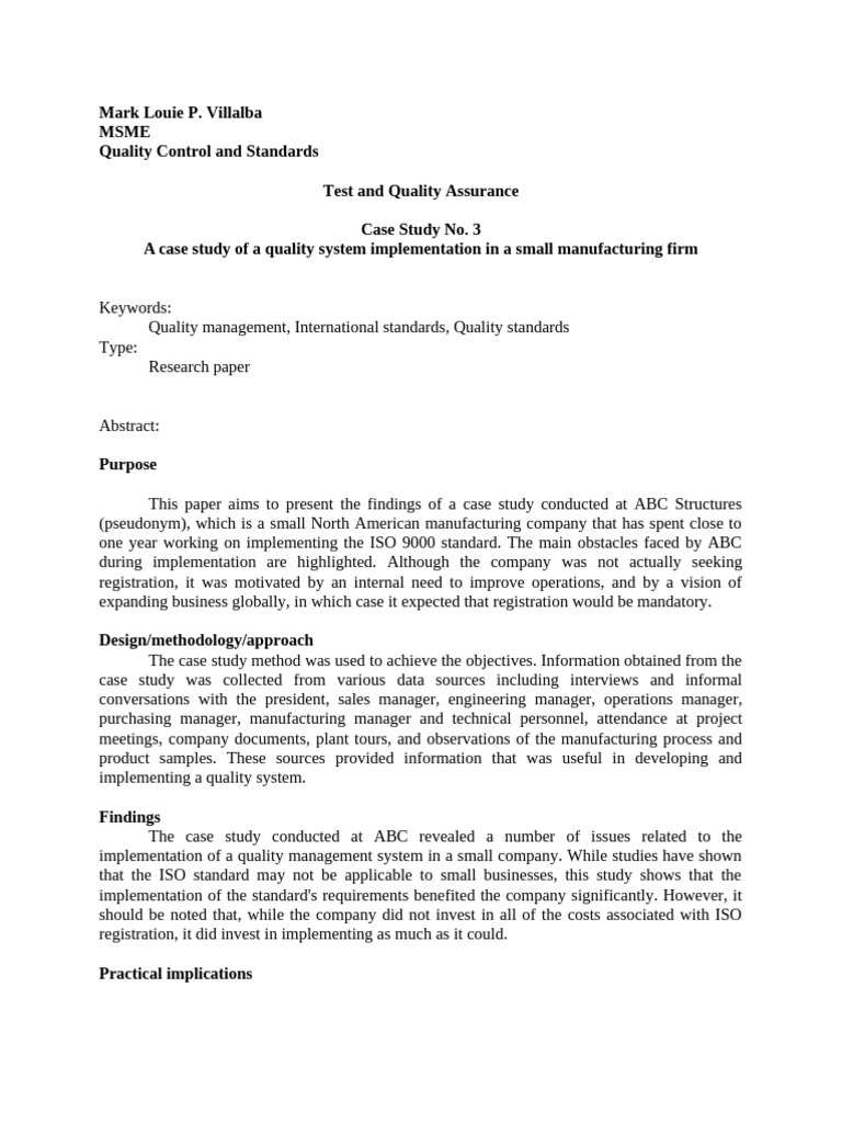 Quality Management Case Study: ISO 9000 Implementation | PDF | Quality ...