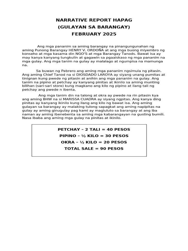 Narrative Report Hapag 2025 Macalva Sur | PDF