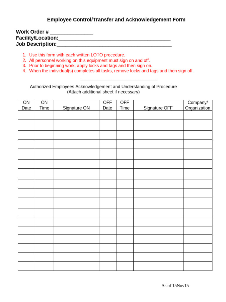 LOTO Employee Control-Transfer Form Template | PDF