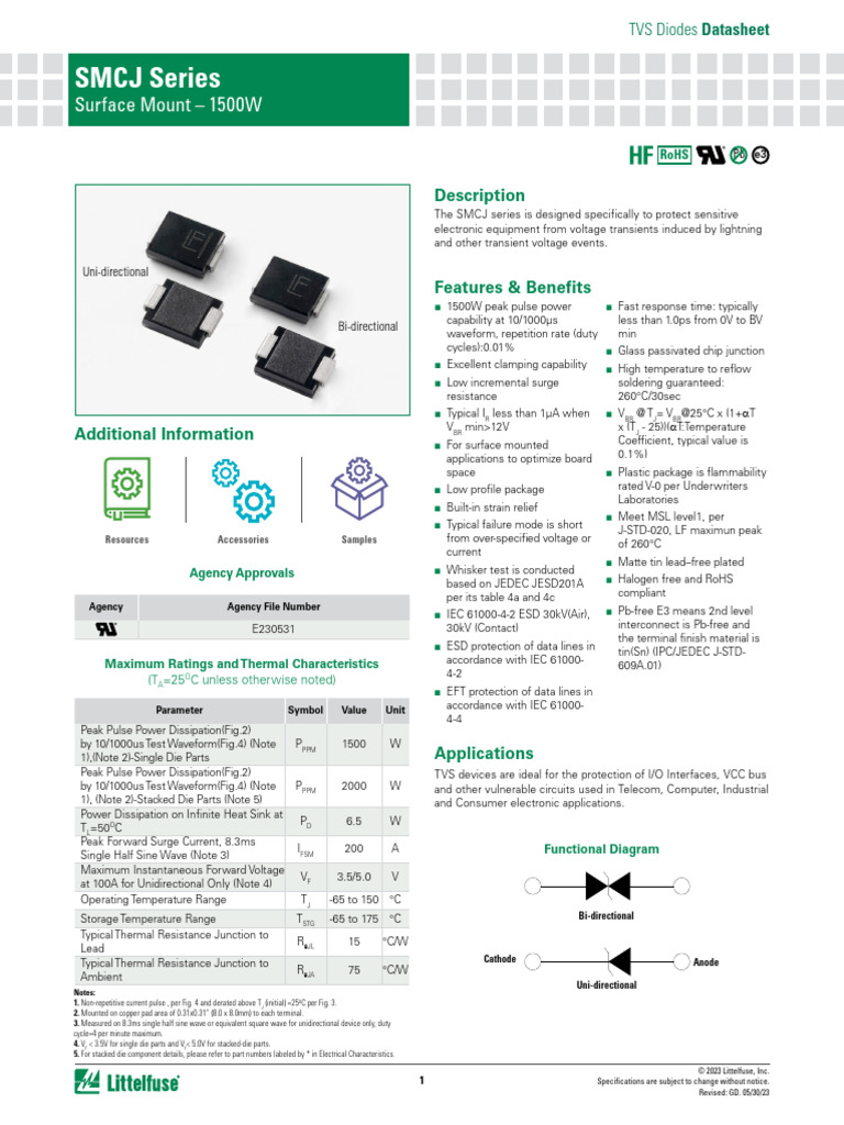 1500W SMCJ Series TVS Diodes Datasheet | PDF | Diode | Electronics