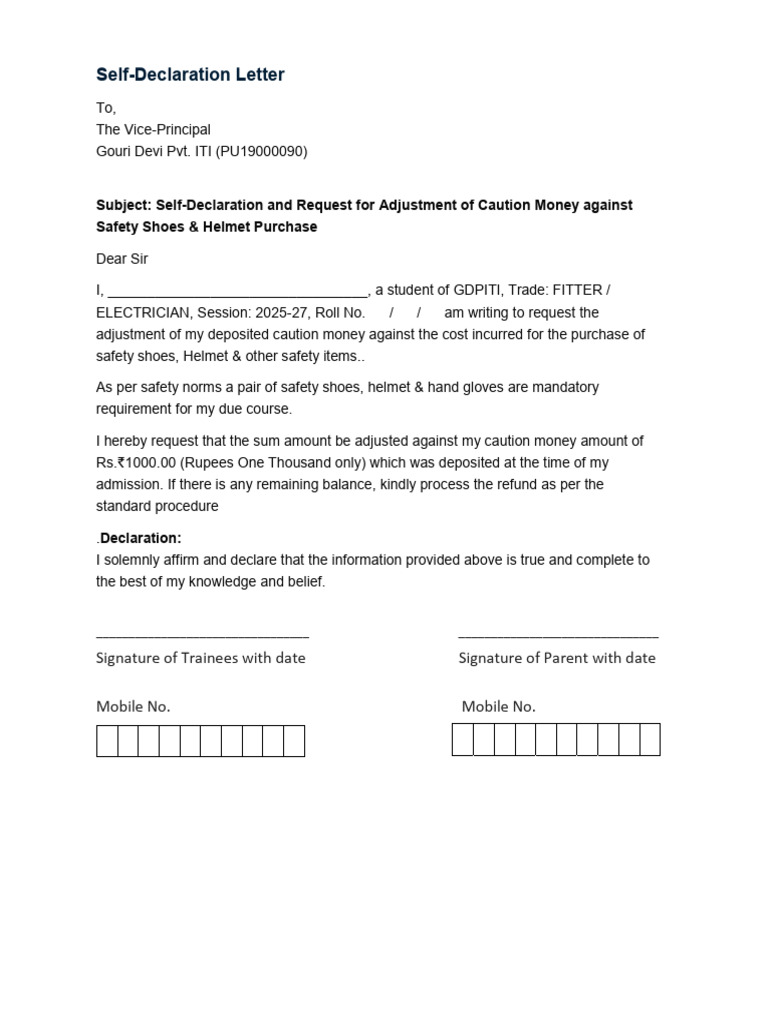 Self-Declaration for Caution Money Adjustment | PDF