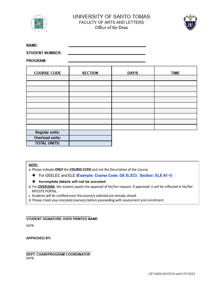 UST Faculty of Arts Enrollment Form | PDF