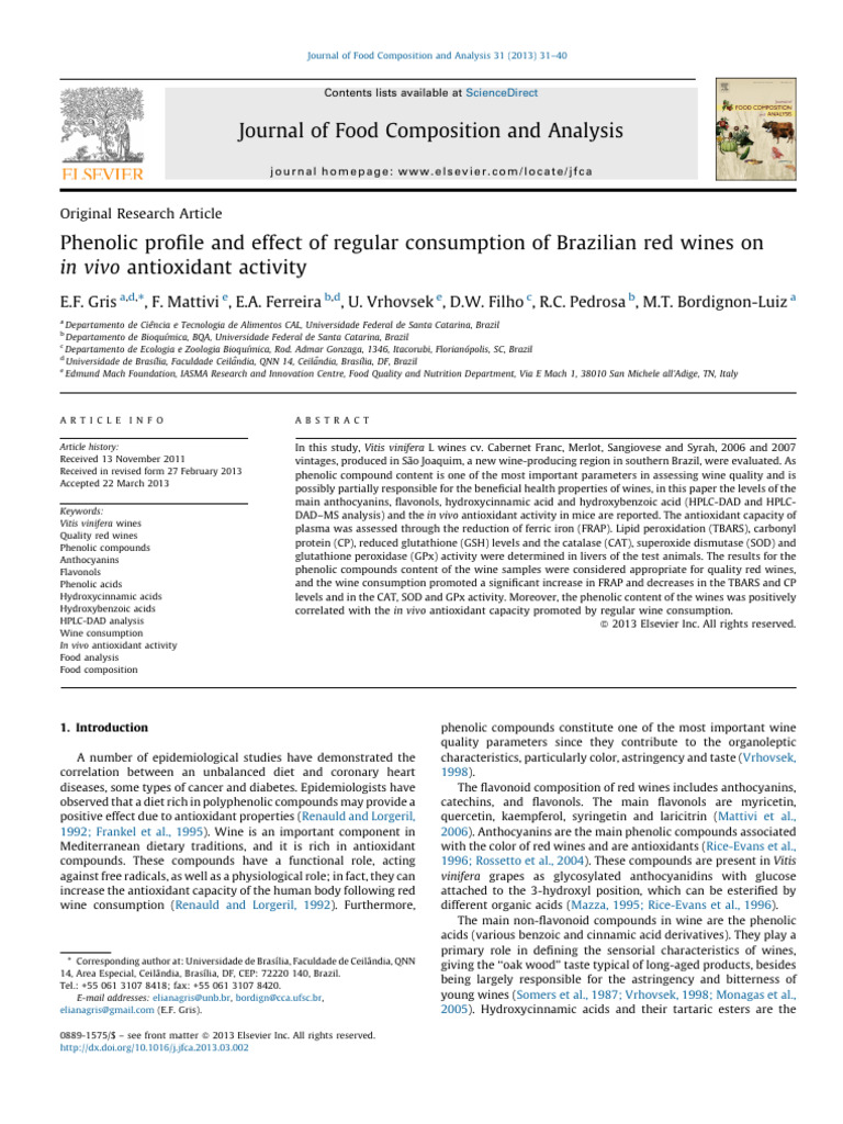 Brazilian Red Wines' Antioxidant Effects | PDF | Phenolic Content In ...