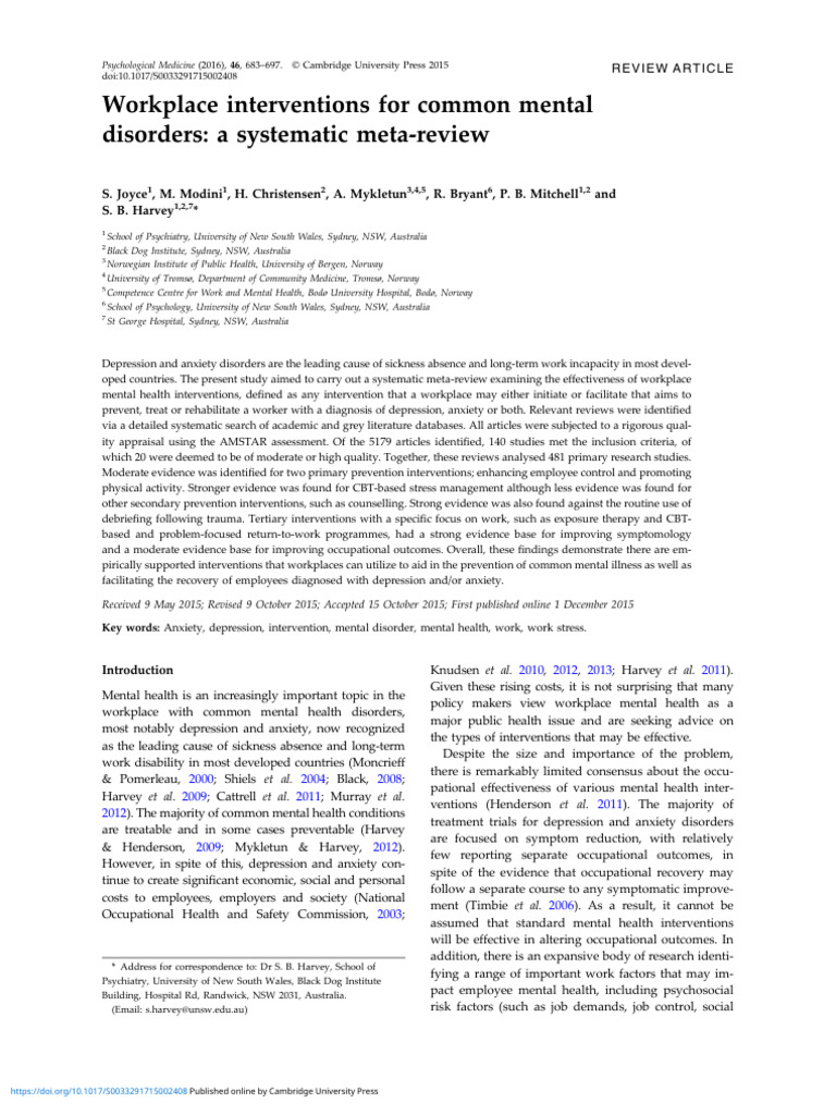 Workplace Mental Health Interventions Review | PDF | Cognitive ...