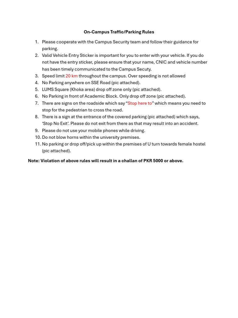 LUMS Campus Parking Rules & Guidelines | PDF